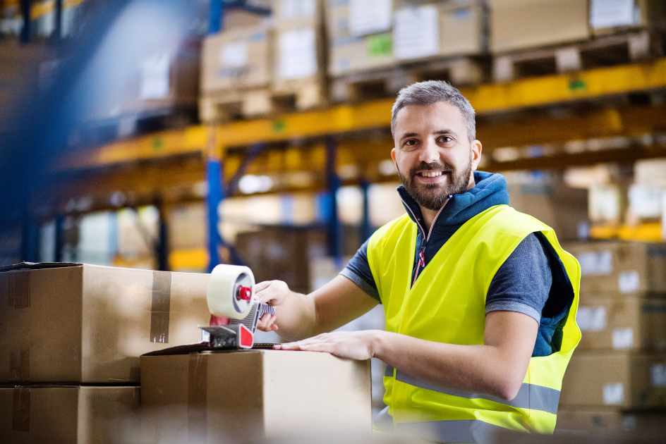 A man taping boxes for shipping